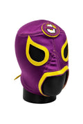 Purple and yellow wrestling mask on a black mannequin head against a white background