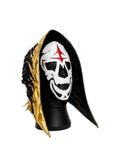 Skull mask with gold and black accents on a white background